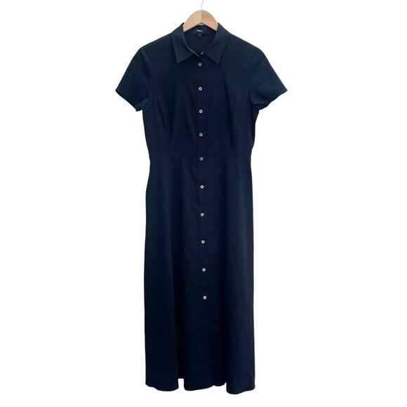 Theory Linen-Blend Good Crunch Midi Shirtdress Black Size 8 Button Front Dress - Picture 2 of 12